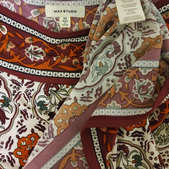 Max Studio Mixed Maroon Rust Flower Print Stretch 3/4 Sleeve XS Dress - Picture 3 of 5